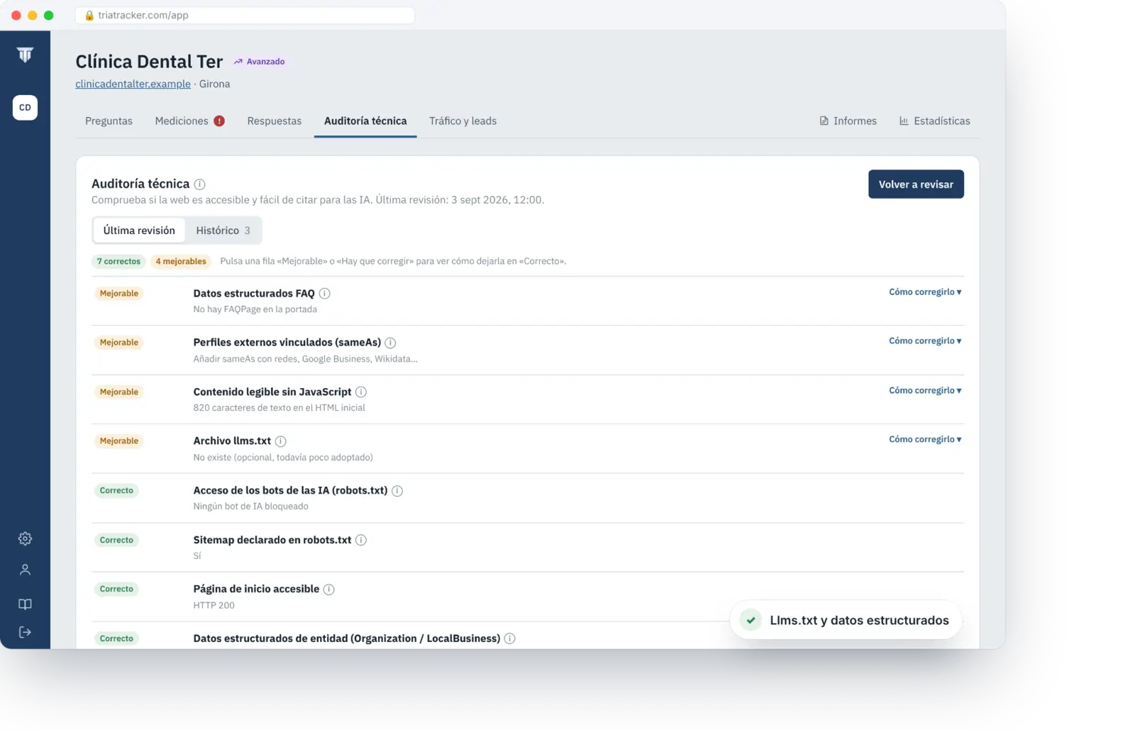 Auditoría técnica de Triatracker: robots.txt, bots de IA, datos estructurados, llms.txt y contenido legible sin JavaScript