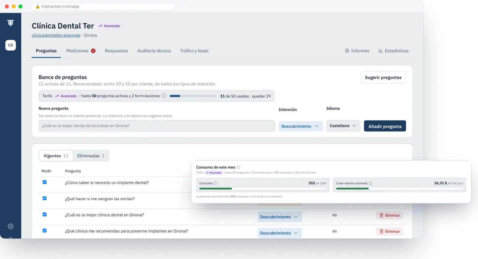 Banco de preguntas y consumo del mes según la tarifa contratada en Triatracker